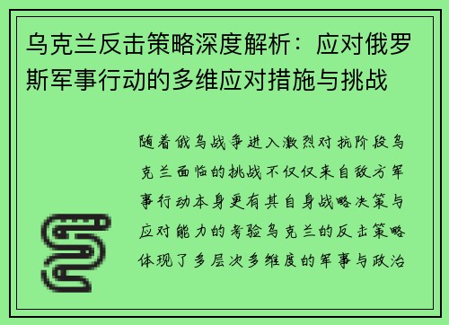 乌克兰反击策略深度解析：应对俄罗斯军事行动的多维应对措施与挑战