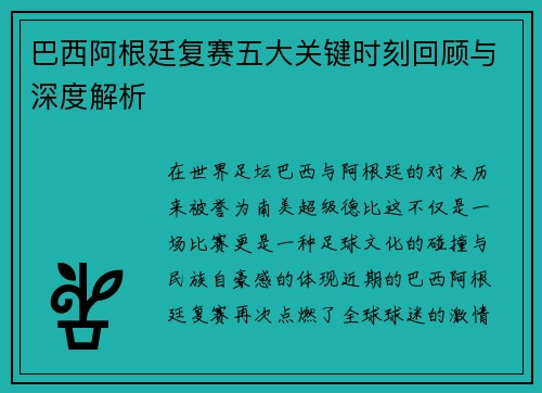 巴西阿根廷复赛五大关键时刻回顾与深度解析