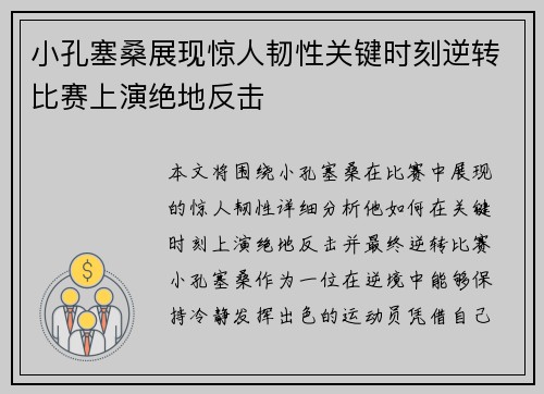 小孔塞桑展现惊人韧性关键时刻逆转比赛上演绝地反击