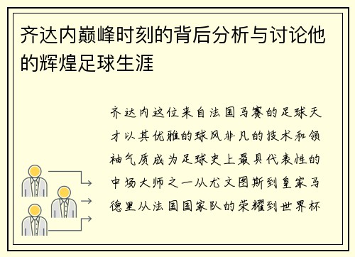 齐达内巅峰时刻的背后分析与讨论他的辉煌足球生涯
