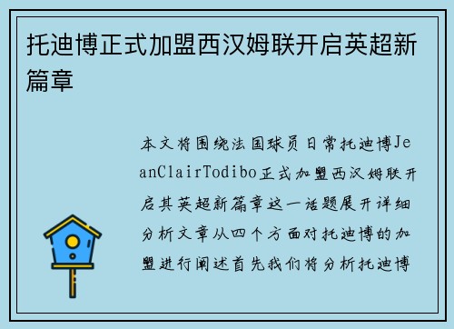 托迪博正式加盟西汉姆联开启英超新篇章