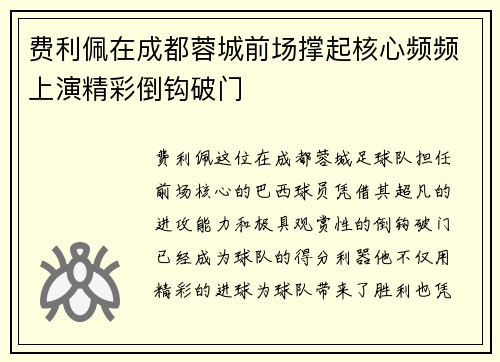 费利佩在成都蓉城前场撑起核心频频上演精彩倒钩破门